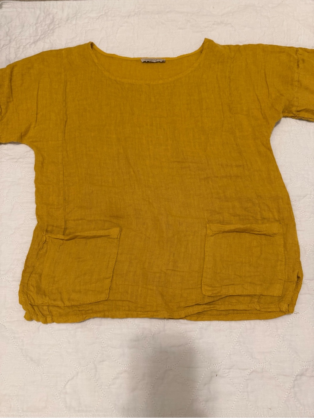 Linen Blend Mustard Short-Sleeve Pocket Top - Women